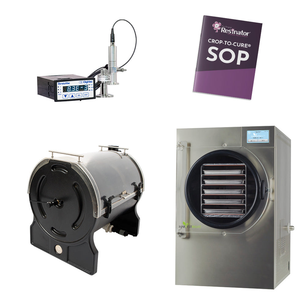 Offre groupée Crop-To-Cure® : modèle de garniture de base Resinator OG, grand lyophilisateur scientifique Harvest Right, ensemble de contrôle du vide de purge Digivac Stratavac, SOP Crop-to-Cure®, TEC à distance de 2 heures